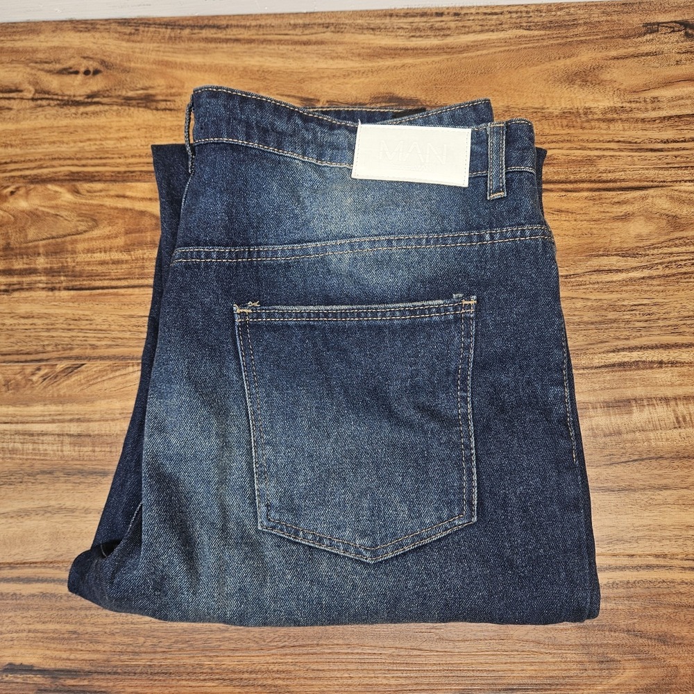 Boohoo Man Ultra Wide Leg Y2K Jeans 40 x 33  Baggy Skater  Patches Distressed